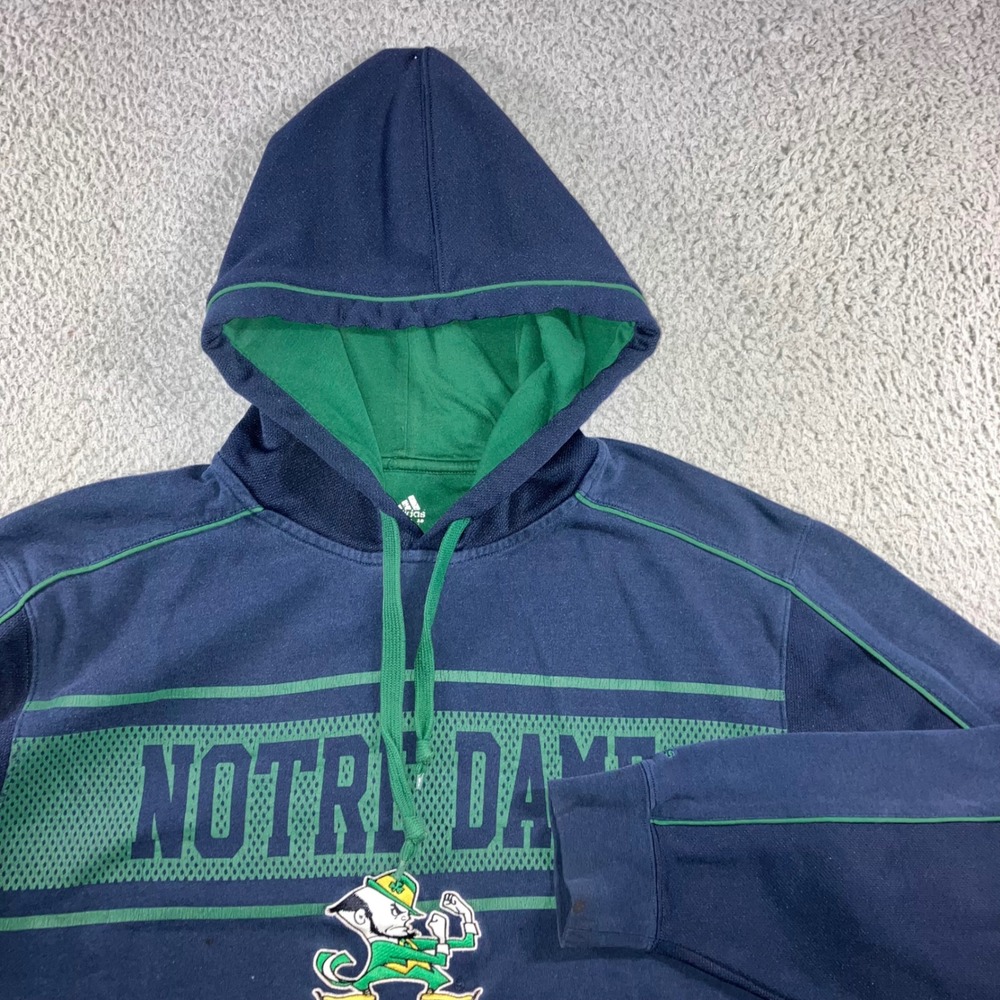 Adidas Notre Dame Hoodie 2XL Blue Thrashed Graphic Embroidered Mascot Relaxed